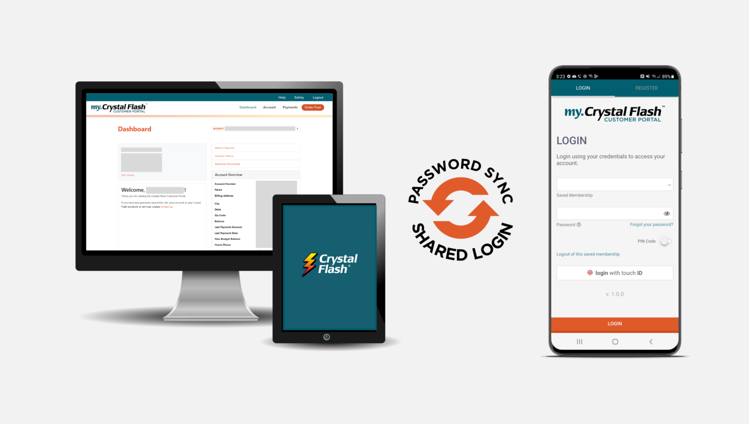 Preview images of my.crystalflash.com and the Crystal Flash app