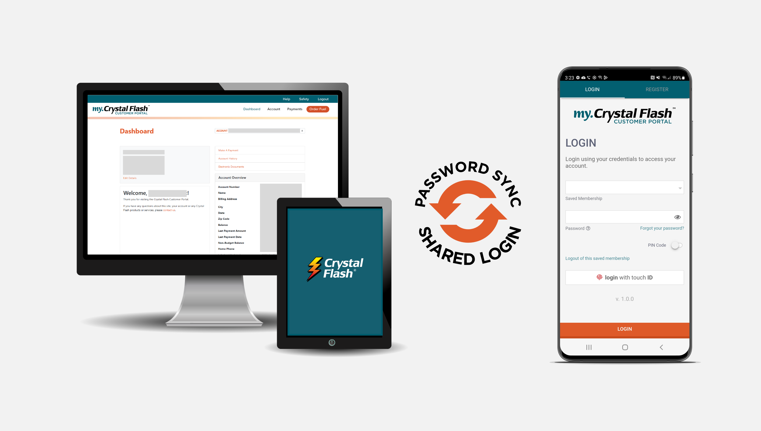 Preview images of my.crystalflash.com and the Crystal Flash app